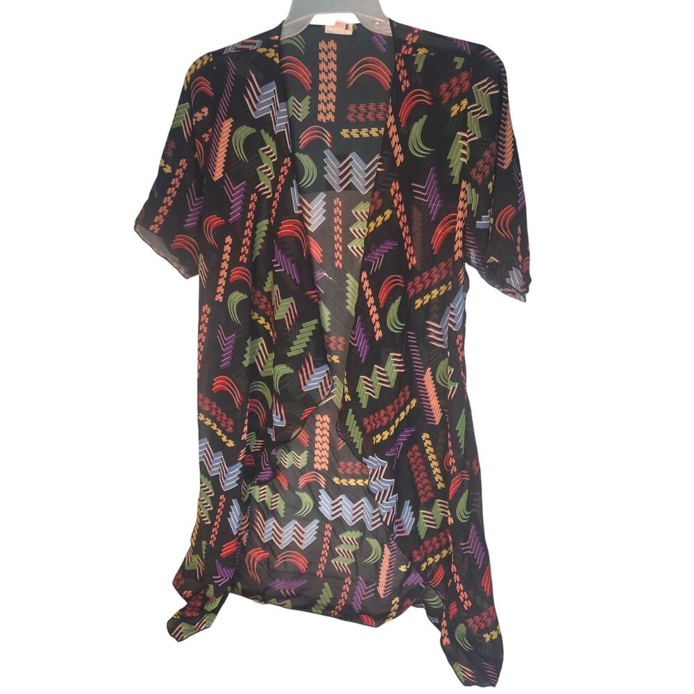 LuLaRoe Sheer Duster Kimono Open Front Geometric Chevron Black Cardigan Small